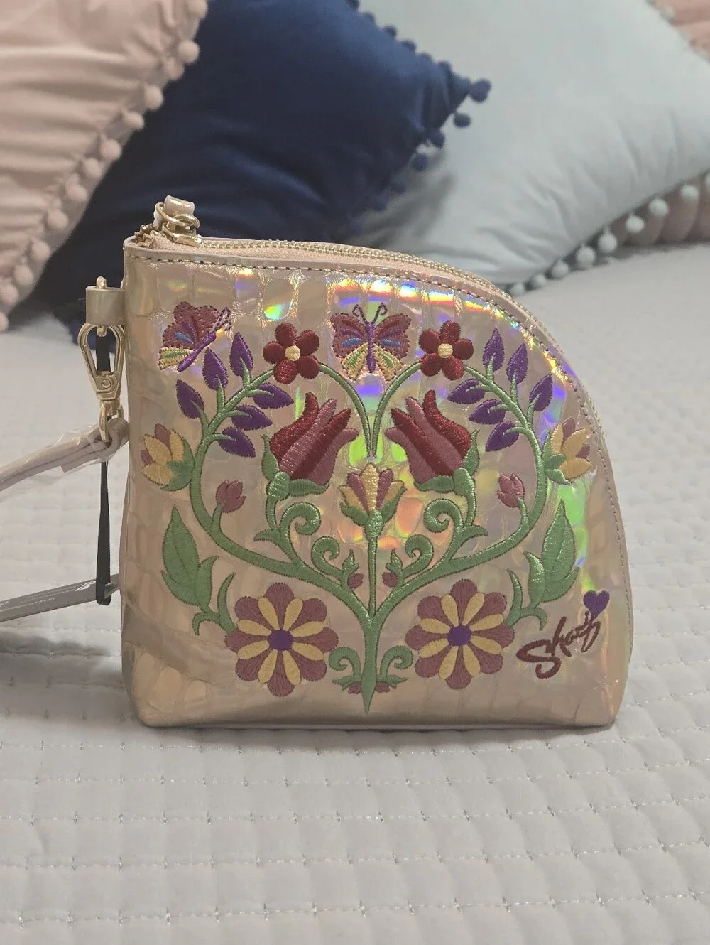 Sharif Legacy Rose Holographic Leather Floral Wristlet NWT